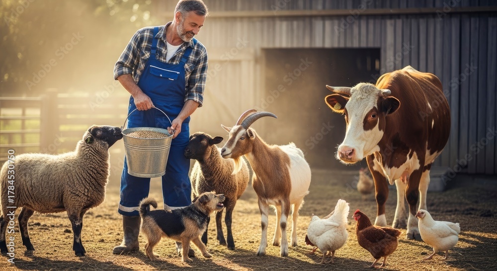 Obraz premium Smiling Farmer Feeding Diverse Livestock on a Sustainable Countryside Farm