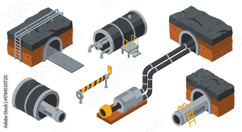 Isometric Illustration of Underground Pipes and Structures for Industrial Systems