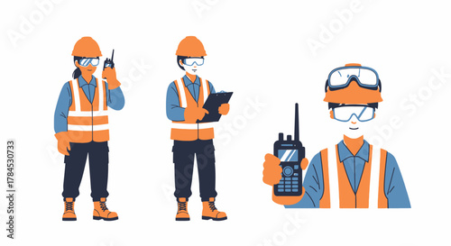 Set of Construction Workers with Radio, Clipboard and Protective Gear in Flat Style