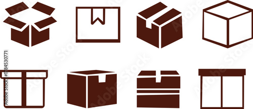 Boxes icon set. Cardboard box icon set. Shipping package and parcel line art collection. Open and closed delivery boxes. Empty cargo package symbol for shipping or delivery service.