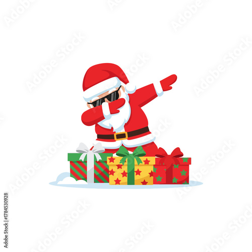 Cool Santa Claus in sunglasses dabbing on a pile of wrapped gift boxes, joyful Christmas holiday celebration