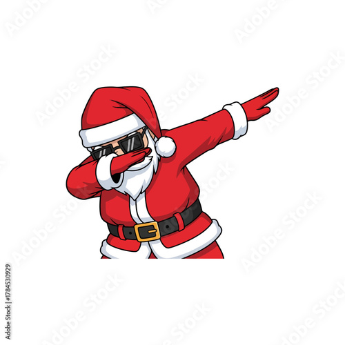 Cool cartoon Santa Claus wearing sunglasses performing popular dab dance move, festive holiday vector graphic