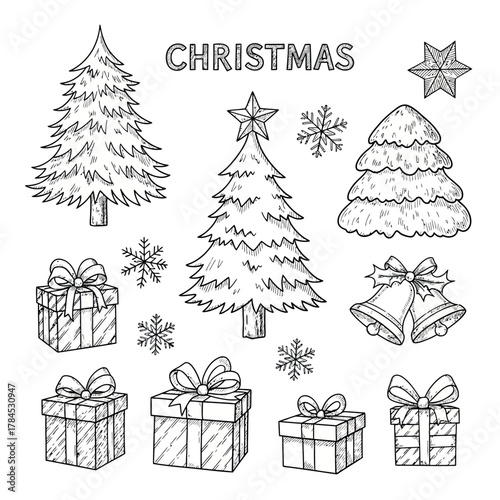 Festive Christmas Sketch Trees, Gifts, Snowflakes & Bells Illustration