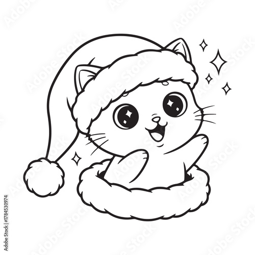  cat peeking from a Christmas hat, sitting calmly, colouring page
