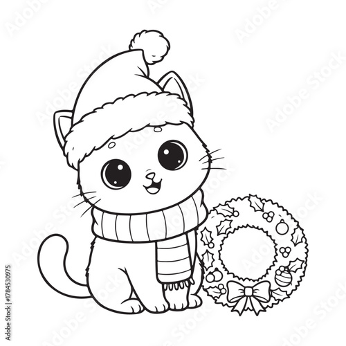 Cat sitting beside Christmas wreath Colouring page