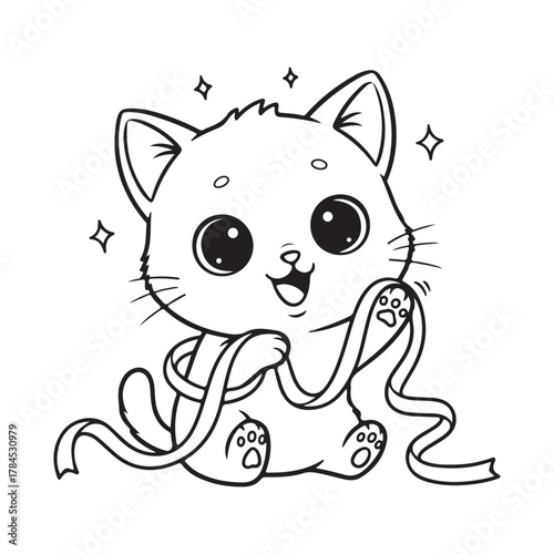 Cat playing with Christmas ribbon Colouring page