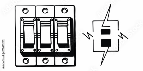 Illustration of a triple light switch panel and a separate electrical outlet with lightning bolts