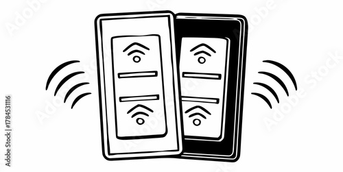 Illustration of two rectangular devices emitting signals, one white and one black, with wifi symbols