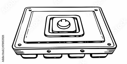 Illustration of a square electrical box with a switch on top in black and white outline view
