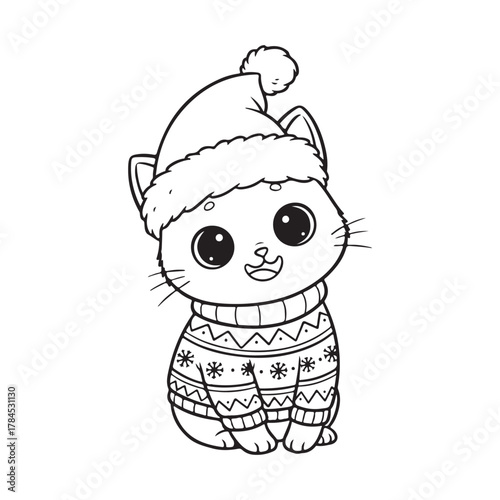 Cat wearing Christmas sweater and hat sitting and smiling Colouring page