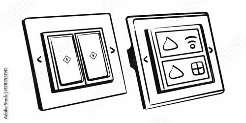 Two electrical wall switch plates with different designs shown in a black and white illustration style