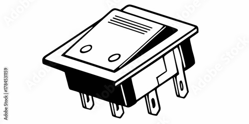 Illustration of a toggle switch with three terminals and a rectangular actuator in black and white style