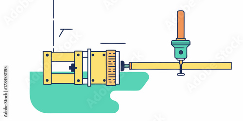 Illustration of a yellow and teal machine with a drill press and a wooden structure on a teal surface