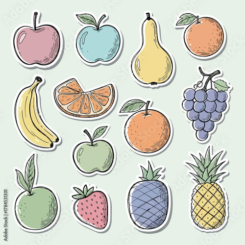 Vibrant hand-drawn fruit stickers collection, perfect for healthy eating designs, fresh organic food themes, and playful kitchen decor projects