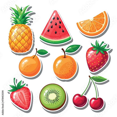 Vibrant Fruit Stickers Pineapple, Watermelon, Orange, and More, Vector Illustration, Freshness & Sweetness