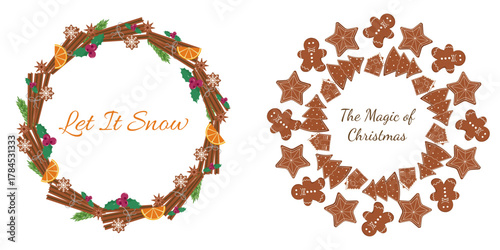 Christmas design featuring two circular wreath frames filled with aromatic elements - gingerbread cookies, cinnamon, orange slices, winter berries and anise. Perfect for text placement