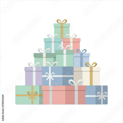 Gifts in Stack: An array of wrapped presents, each adorned with a ribbon, are artfully stacked, symbolizing the joy of giving, the spirit of celebration, and the anticipation of delightful surprises.