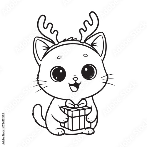Christmas cat wearing reindeer ears holding tiny gift box Colouring page