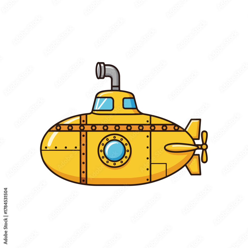 Fototapeta premium Cute cartoon yellow submarine illustration, classic underwater sea vehicle for exploration adventure