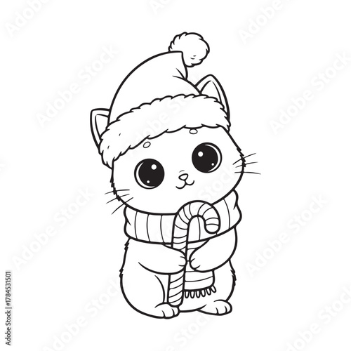 Cute Christmas cat wearing Santa hat holding candy cane11 Colouring page