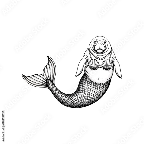 Cute fantasy mermaid manatee illustration, whimsical sea cow with tail and seashell bikini, funny ocean art