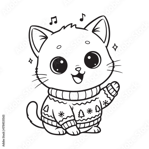 Cute Christmas cat wearing woolen sweater  sitting calmly Colouring page