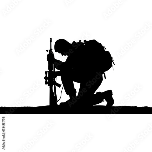Silhouette of soldier kneeling, holding rifle, wearing backpack, isolated on white background, military theme