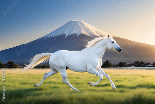 A white horse sprinting at full speed.