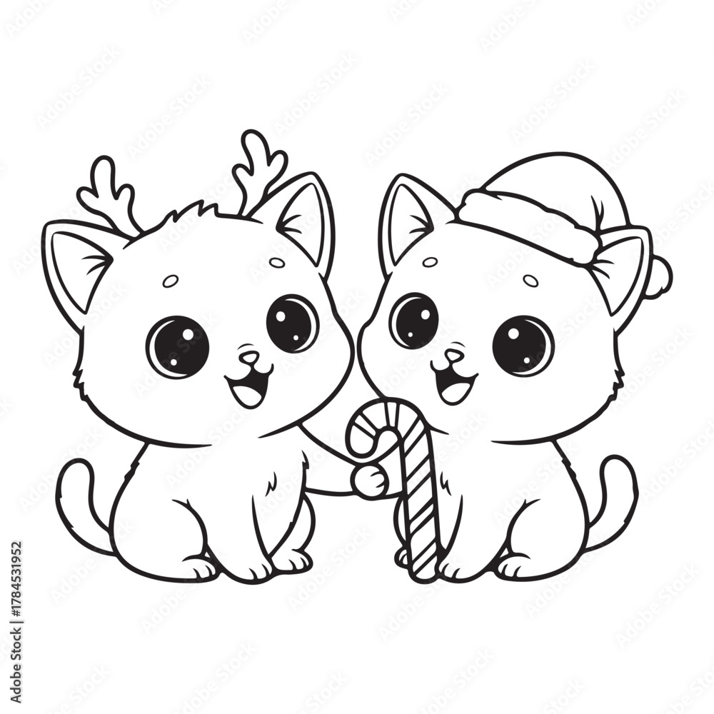 Obraz premium Two Christmas cats sharing candy cane Colouring page