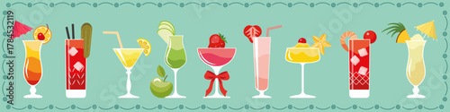 A set of color icons of various cocktails - Pina Colada, Bloody Mary, Tequila Sunrise, Strawberry, Citrus, Apple, Margarita.