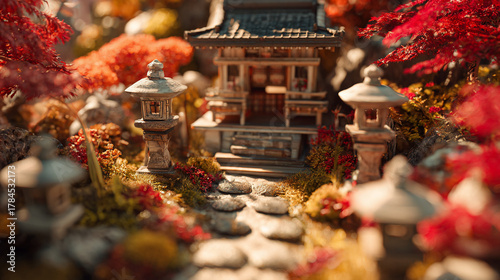 神社の紅葉風景のジオラマ