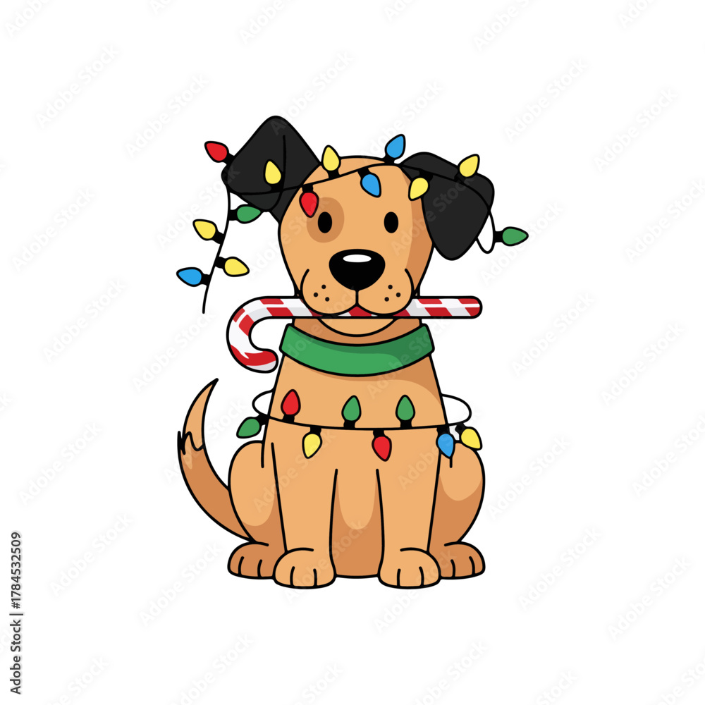 Fototapeta premium Cute cartoon dog tangled in colorful Christmas lights, holding a striped candy cane, festive holiday illustration.