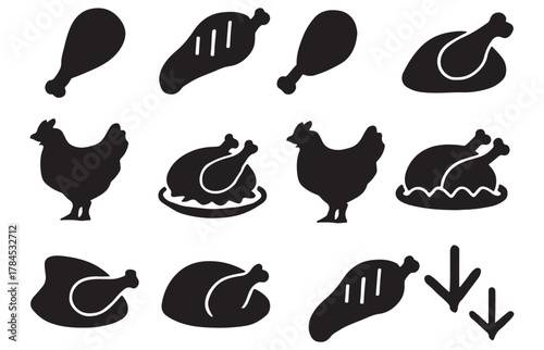 Collection of black silhouette icons representing various chicken cuts and whole roasts