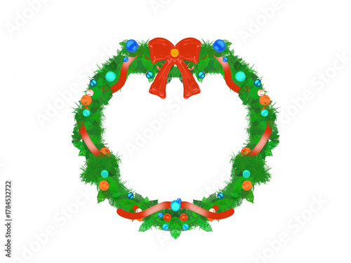 Cute cartoon Advent wreath with happy. Simple Advent wreath decorated with green leaves, red ribbon tied with a bow and decorated with small blue and red balls on a  transparent background. 