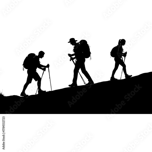 Silhouette of three hikers with backpacks and trekking poles climbing uphill, outdoor adventure