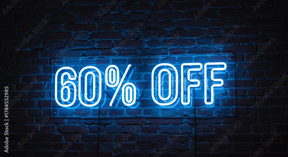 Fototapeta premium Ignite sales with a vibrant blue neon '60% OFF' sign glowing against a dark brick wall, perfect for urgent promotions and irresistible deals.