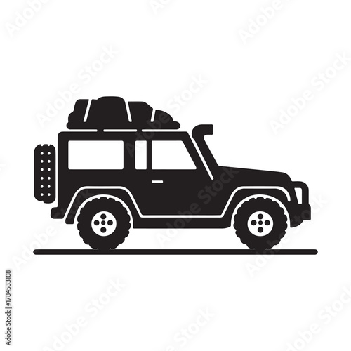 Black silhouette of a rugged off road vehicle loaded with camping gear on its roof rack