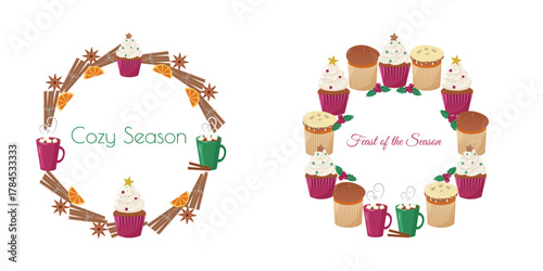 Two Christmas wreaths with cinnamon sticks, orange slices, anise, cocoa cups, cupcakes, panettone. Round festive frames with text space in center, holiday illustration