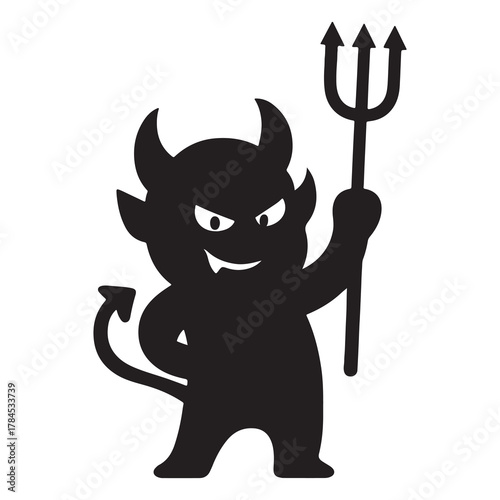 Cute cartoon silhouette of a little devil with horns and a trident ready for mischief