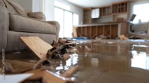 Flood damage in a house. Broken pieces of furniture and wood are scattered on the floor with water. Disaster cleanup services needed for restoration after water damage.