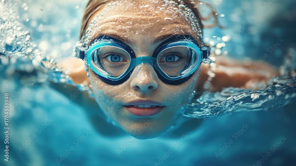 Fototapeta premium Child swimmer underwater, pool, focused gaze, sport, use for swim lesson