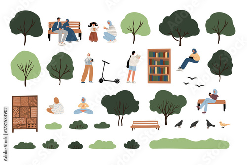 Park people clipart set illustration with Muslim women in hijabs, men, and children of different ages relaxing, reading, meditating, sitting on benches, surrounded by trees. Flat vector art collection