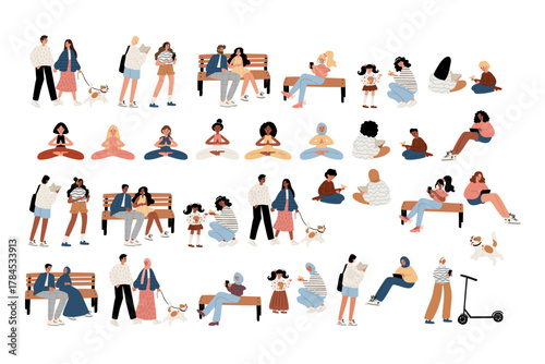 Set of illustrations featuring people of different nationalities and cultures relaxing in park. Men, women, and children walk, read, practice yoga, sit on benches, and play with dogs. Flat vector art.