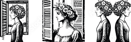 Striking Black Linocut Woman by Window: Floral Hair Profile Engraving, Minimalist Woodcut Print Art, Vintage Illustration, Decorative Design Element