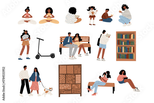 Illustration set featuring Black, African American, and Brazilian people enjoying daily activities. They read, walk, sit on benches, do yoga, relax outdoors. Flat vector style with warm, modern mood.