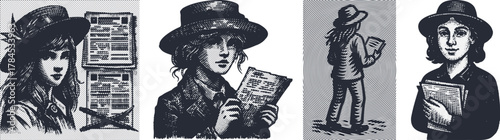 Vintage halftone illustration set of a girl in a wide hat holding documents, retro black engraving style artwork for posters, stickers, book covers and classroom decor