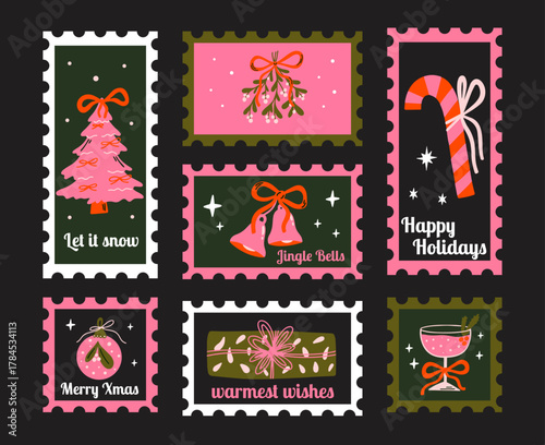 Winter holidays vector post stamps design elements set. Collection of cute colorful groovy cartoon illustration with various christmas decoration, ornament, xmas tree, mistletoe, bells, cocktail, gift