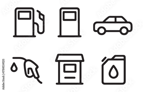 Set of six simple line art icons representing car fuel gas station and related elements