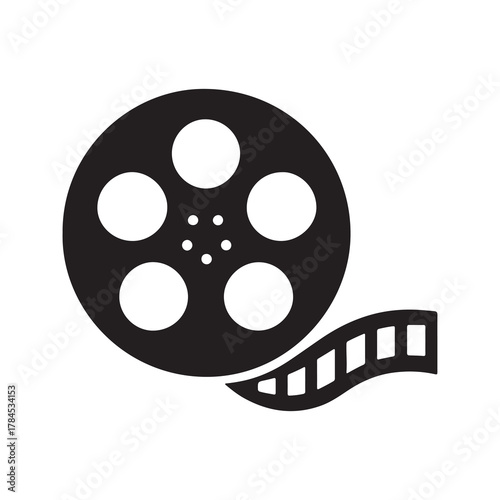 Black and white icon of a classic film reel with a strip of movie film unwinding