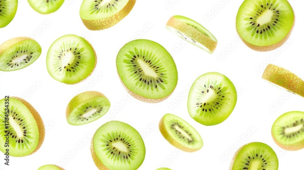 Fototapeta premium Falling kiwi slices, white background, healthy food, recipe